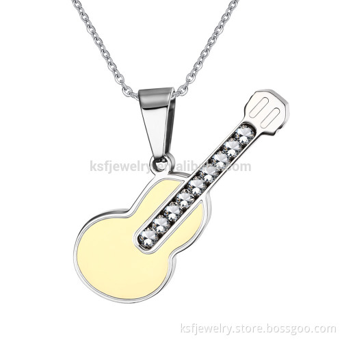 KSF Men's Stainless Steel Gold Tone Guitar Pendant Neclace